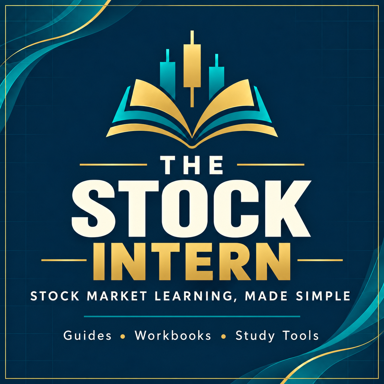 The Stock Intern logo: an open book beneath teal and gold candlesticks.